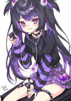 1girl :3 ac/dc band_shirt black_choker black_hair black_nails black_shirt blush chain choker chromashift closed_mouth commentary_request dated digital_media_player earbuds earphones eye_hair_ornament eyelashes fingernails hair_ornament highres holding_digital_media_player ipod lightning_bolt lightning_bolt_hair_ornament lightning_bolt_symbol lock long_hair merchandise multicolored_hair nail_polish plaid_clothes plaid_skirt purple_eyes purple_hair purple_skirt roca_rourin shirt signature simple_background sitting skirt smile solo spiked_choker spikes striped_sleeves thigh_strap twintails two-tone_hair virtual_youtuber watashishi white_background