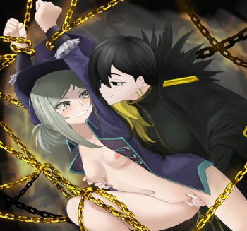 2girls bad_tag bdsm binah_(project_moon) blush bondage bottomless bound bound_legs bound_wrists breasts chain chained chained_legs chained_wrists clenched_teeth dokonjou_(odossan) female_focus femdom fingering hat highres lobotomy_corporation multiple_girls nipple_stimulation nipple_tweak nipples no_bra no_panties open_clothes project_moon pussy_juice pussy_juice_trail rape restrained reverse:1999 shibari simple_background teeth variant_set vertin_(reverse:1999) yuri
