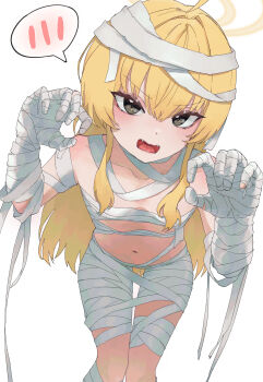Rule 34 | 1girl, absurdres, bandaged hand, bandaged leg, bandages, bent over, blonde hair, blue archive, fangs, grey eyes, hair between eyes, highres, long hair, looking at viewer, mummy costume, naked bandage, navel, paw pose, sidelocks, y4mori gekko, yoshimi (blue archive), yoshimi (halloween) (blue archive)