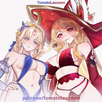 2girls ahoge alice_(genshin_impact) bare_shoulders beret blonde_hair blue_eyes blush bra braid breasts cleavage closed_mouth cowlick earrings elf facial_mark forehead_mark frills frown garter_belt genshin_impact hair_ribbon hand_on_own_hip hat jewelry lace lace-trimmed_bra lace_trim large_breasts lingerie long_hair looking_at_viewer multicolored_hair multiple_girls navel nicole_reeyn parted_bangs pointy_ears red_eyes red_hat ribbon side_ahoge simple_background smile tomatolaccoon twin_braids two-tone_hair underboob underwear very_long_hair white_background white_hair white_hat witch witch_hat