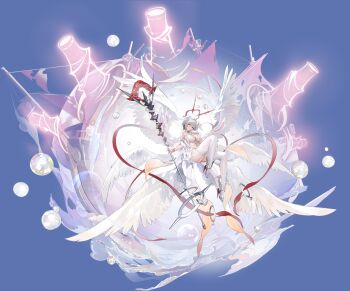 1girl absurdres angel_wings artist_request azur_lane breasts bubble cleavage feathered_wings finger_to_mouth full_body garter_straps gem grey_hair halo head_wings high_heels highres holding holding_staff jewelry large_breasts multiple_wings navel necklace non-web_source official_art parted_lips pearl_(azur_lane) pearl_(gemstone) pearl_necklace pearl_thong red_eyes shoes short_hair_with_long_locks staff stomach thighhighs white_garter_straps white_thighhighs white_wings winged_shoes wings