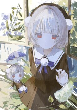 1girl absurdres arm_behind_back beret blue_socks blue_umbrella chibi chibi_inset expressionless fuvin hair_ornament hand_up hat highres holding holding_umbrella leaf looking_at_viewer pinstripe_jacket pinstripe_pattern pinstripe_skirt plant pom_pom_(clothes) pom_pom_brooch pom_pom_hair_ornament red_eyes sailor_collar short_hair socks solo ui_(voisona) umbrella voisona water_drop white_hair white_sailor_collar