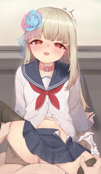 1boy 1girl black_thighhighs blonde_hair blue_sailor_collar blue_skirt blush brown_hair buttons collar collarbone desk dot_nose eyebrows_hidden_by_hair feet_out_of_frame gradient_hair highres leaning_back loli long_hair long_sleeves looking_at_viewer mabinogi multicolored_hair neckerchief nose_blush open_mouth panties pink_collar player_character_(mabinogi) pleated_skirt pov red_eyes red_neckerchief sailor_collar school_uniform serafuku sex shirt sitting skirt spread_legs sweat tama_(tamatamo) thighhighs trembling unbuttoned unbuttoned_shirt underwear unworn_panties vaginal wet wet_clothes wet_panties white_panties white_shirt