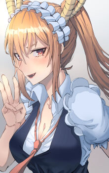 1girl absurdres black_dress blonde_hair blush breasts choppy_bangs cleavage commentary_request dragon_girl dragon_horns dress fang grey_background hand_up highres horns kobayashi-san_chi_no_maidragon large_breasts long_hair looking_at_viewer loose_necktie maid maid_headdress necktie open_mouth oro_(lsg0624) red_eyes red_necktie shirt shirt_under_dress short_sleeves simple_background smile solo tohru_(maidragon) twintails upper_body w white_shirt