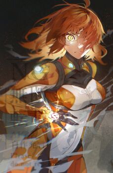 1girl artist_name black_gloves breasts closed_mouth clothing_cutout command_spell cowboy_shot fate/grand_order fate_(series) floating_hair frown fujimaru_ritsuka_(female) fujimaru_ritsuka_(female)_(chaldea_combat_uniform) glove_cutout gloves glowing glowing_eye hair_over_one_eye hanako_(onikutabetaiyo) high_collar highres looking_at_viewer medium_breasts medium_hair solo tight_clothes