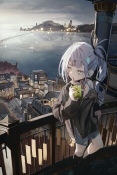 1girl absurdres asymmetrical_legwear balcony black_boots black_choker black_shirt black_socks blue_eyes blue_nails blue_skirt blurry bokeh boots breasts bridge building choker city cleavage cloud cloudy_sky collarbone column commentary cup depth_of_field diffraction_spikes disposable_cup drinking drinking_straw english_commentary full_body guard_rail hair_intakes hair_ribbon high_up highres island jewelry kneehighs leaning long_hair long_sleeves medium_breasts miniskirt ocean one_side_up original outdoors partially_unzipped pillar pleated_skirt purple_hair revision ribbon shirt shore sidelocks single_kneehigh single_sleeve single_sock skirt sky socks solo sparkle spikes star-shaped_pupils star_(symbol) symbol-shaped_pupils twilight watakokyu yellow_ribbon