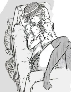 Rule 34 | 1girl, armband, atom, black hat, black thighhighs, book, container, couch, fedora, from above, full body, greyscale, hat, head tilt, holding, holding book, long sleeves, looking at viewer, lying, medium hair, mesuosushi, monochrome, necktie, no shoes, on back, on couch, one eye closed, pillow, pleated skirt, ribbon, shirt, skirt, smirk, solo, thighhighs, touhou, translation request, usami renko, white shirt