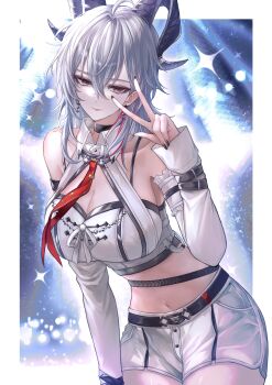 1girl absurdres ahoge alternate_costume bare_shoulders black_horns black_nails border breasts cleavage closed_mouth commentary_request curled_horns earrings fingernails grey_hair hair_between_eyes hand_up highres horns jewelry large_breasts leaning_forward long_fingernails long_fingers long_hair looking_at_viewer multicolored_hair nail_polish navel necktie red_eyes red_necktie shorts smile solo stomach streaked_hair v white_border white_shorts wuthering_waves yoru_shiki zani_(wuthering_waves)