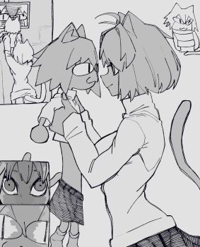 Rule 34 | 2girls, :3, ahoge, animal, animal ear fluff, animal ears, arcueid brunestud, bone nigi, boots, cat, cat ears, cat girl, cat tail, chibi, dual persona, forehead touch perspective (meme), highres, holding, holding animal, holding cat, longcat (meme), looking at another, meme, mini person, minigirl, monochrome, multiple girls, neco-arc, pantyhose, short hair, showing baby to a supermarket camera (meme), smile, stare down, sweater, tail, tsukihime, tsukihime (remake), turtleneck, turtleneck sweater