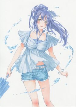 1girl belt blue_hair blue_ribbon blue_shorts blush brown_eyes choppy_bangs closed_umbrella clothes_lift collarbone commentary_request cutoffs denim denim_shorts feet_out_of_frame floating_hair grey_shirt hair_ribbon high_ponytail highres holding holding_umbrella long_hair marker_(medium) meeya open_mouth original ponytail ribbon shirt shirt_lift short_shorts short_sleeves shorts simple_background smile solo standing straight-on traditional_media umbrella water_drop white_background white_belt wind wind_lift