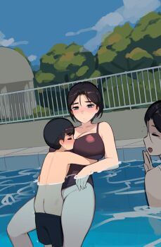 1boy 2girls age_difference akiyama_minato_(pepper0) akiyama_yuko_(pepper0) ass black_hair black_male_swimwear black_one-piece_swimsuit black_shorts blue_eyes breasts brown_hair cloud day hetero highleg highleg_one-piece_swimsuit highres incest large_breasts male_swimwear missionary mother_and_son multiple_girls nude one-piece_swimsuit original outdoors partially_submerged pepper0 pool railing sex short_hair shorts shota sitting sky stealth_sex swim_cap swim_trunks swimsuit topless_male tree uncensored
