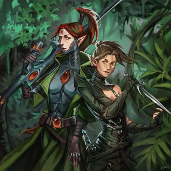 2girls artist_name belt brown_eyes brown_gloves brown_hair coat commentary cowboy_shot crossover cyborg dagger divinity:_original_sin_2 elbow_gloves elf english_commentary fingerless_gloves forehead_jewel gem gloves green_coat green_eyes high_ponytail holding holding_dagger holding_knife holding_weapon knife leaf long_hair looking_at_viewer multiple_girls outdoors over_shoulder pointy_ears ponytail raynhoro_(runo) red_gem red_hair sebille short_hair signature single_bare_shoulder single_fingerless_glove trait_connection warhammer_40k warhammer_40k:_rogue_trader weapon weapon_over_shoulder yrliet_lanaevyss