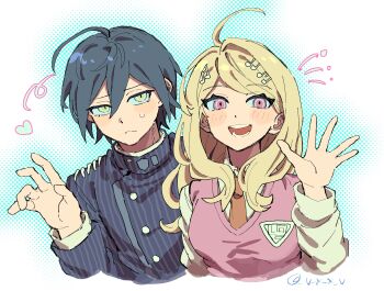 Rule 34 | 1boy, 1girl, :d, ahoge, akamatsu kaede, blonde hair, blue hair, blush, commentary request, cropped torso, danganronpa (series), danganronpa v3: killing harmony, fortissimo, frown, green eyes, hair ornament, highres, long hair, musical note, musical note hair ornament, necktie, open mouth, orange necktie, oteage, pink eyes, saihara shuichi, school uniform, short hair, smile, sweatdrop, twitter username, waving