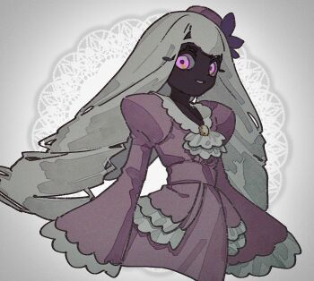1girl alternate_hair_color ascot brooch dark-skinned_female dark_skin dress frilled_ascot frilled_dress frills glowing glowing_eyes hair_ornament highres jacinthe_(pokemon) jewelry juliet_sleeves long_hair long_sleeves looking_at_viewer low_drills nintendo parted_lips pokemon pokemon_legends:_z-a puffy_sleeves purple_dress purple_eyes sleeves_past_fingers sleeves_past_wrists smile sora_no87 very_dark_skin white_hair