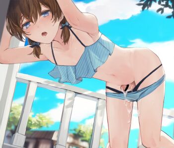 1boy against_wall bar_censor bent_over bikini bikini_pull black_bikini blue_bikini blue_eyes blush brown_hair censored clothes_pull cloud collarbone crossdressing crossdressing_(mtf) cum cum_on_body cum_on_lower_body cum_on_male cum_on_self ejaculation frilled_bikini frills from_below hair_between_eyes handsfree_ejaculation layered_bikini looking_at_viewer low_twintails male_focus medium_hair navel nose_blush open_mouth original penis railing sky solo striped_bikini striped_clothes sunaba_(nczd5875) sweat swimsuit trap twintails
