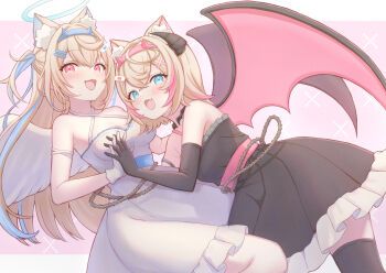 2girls alternate_costume angel_and_devil angel_wings animal_ear_fluff animal_ears aqua_eyes aqua_hair aqua_halo bare_shoulders black_dress black_thighhighs blush breasts commentary_request demon_girl demon_horns dog_ears dog_girl dress feathered_wings fuwawa_abyssgard hair_between_eyes hair_ornament halo highres hololive hololive_english horns long_hair looking_at_viewer looking_back medium_breasts mococo_abyssgard multiple_girls open_mouth pink_eyes pink_hair sakuraume short_hair siblings sisters smile strapless strapless_dress thighhighs twins white_dress white_wings wings x_hair_ornament