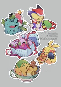@_@ bag christmas christmas_present closed_eyes closed_mouth cookie cup dated eating fangs food gen_1_pokemon gen_2_pokemon gen_3_pokemon gen_6_pokemon gift gingerbread_man goomy grey_background hat holding holding_food ivysaur licking_lips makuhita mug natu nintendo numel open_mouth pichu pizza pokemon pokemon_(creature) pokemon_focus rakkonokawa ribbon santa_hat simple_background sleeping smile star_(symbol) sweat tongue tongue_out