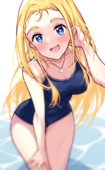 1girl :d bare_arms bare_shoulders blonde_hair blue_eyes blue_one-piece_swimsuit collarbone competition_school_swimsuit forehead hand_in_own_hair highres jewelry kofune_ushio long_hair necklace one-piece_swimsuit open_mouth photoshop_(medium) profnote school_swimsuit shell shell_necklace smile solo summertime_render swimsuit thigh_gap very_long_hair water