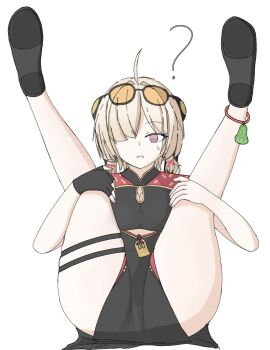 1girl ? absurdres blonde_hair bun_cover china_dress chinese_clothes dress feet glasses_on_head hair_over_one_eye highres legs_up long_hair looking_at_viewer parted_lips purple_eyes sixu sweety_(zenless_zone_zero) tinted_eyewear zenless_zone_zero