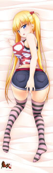 Rule 34 | 1girl, absurdres, akizuki airi, all fours, anime coloring, ass, bare shoulders, belt, bent over, blonde hair, blue eyes, blush, breasts, camisole, come hither, copyright logo, denim, denim shorts, from above, from behind, hair ribbon, highres, horizontal-striped thighhighs, indoors, kinohara hikaru, kneeling, large breasts, logo, long hair, looking at viewer, looking back, lying, official art, on bed, oni chichi, open mouth, parted lips, pink thighhighs, red belt, red camisole, ribbon, shorts, sideboob, solo, striped clothes, striped thighhighs, thighhighs, thighs, twintails, very long hair