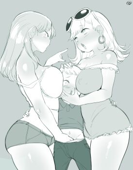 1boy 2girls age_difference animification bare_shoulders between_breasts blush born-to-die breast_press breasts brother_and_sister collarbone cowboy_shot earrings hand_on_another's_chin hand_on_another's_head hand_under_clothes highres hoop_earrings incest jewelry large_breasts leni_loud lincoln_loud looking_at_another lori_loud monochrome multiple_girls navel open_mouth short_shorts shorts siblings simple_background sisters sunglasses_on_head the_loud_house thighs