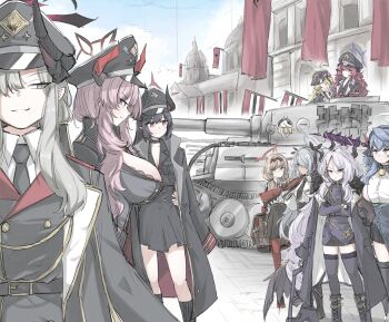 Rule 34 | 6+girls, absurdres, ahoge, ako (blue archive), black hair, black halo, black hat, blonde hair, blue archive, blue eyes, breasts, chiaki (blue archive), day, demon girl, demon horns, demon wings, glasses, grey hair, gun, halo, hat, highres, hina (blue archive), horns, ibuki (blue archive), iori (blue archive), iroha (blue archive), long hair, low wings, machine gun, makoto (blue archive), mg42, military vehicle, motor vehicle, multiple girls, nanashi (pixiv 98920795), outdoors, prefect team (blue archive), red hair, satsuki (blue archive), small breasts, standing, tank, twintails, very long hair, weapon, white hair, wings