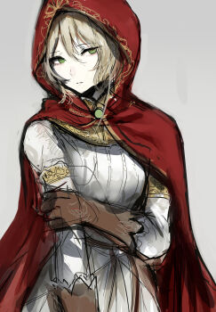 Rule 34 | 1girl, absurdres, blonde hair, brown gloves, chuhaibane, closed mouth, dress, elden ring, expressionless, gloves, gold trim, green eyes, grey background, hair between eyes, highres, holding own arm, hood, hood up, hooded robe, long sleeves, looking at viewer, red robe, robe, roderika (elden ring), simple background, solo, upper body, white dress