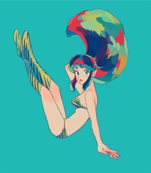 1girl animal_print aqua_background arm_up bikini blue_eyes boots breasts crossed_legs fang floating_hair from_side hand_in_own_hair horns knee_boots legs_up long_hair looking_at_viewer lum multicolored_hair open_mouth pointy_ears sharp911 sideboob solo strapless strapless_bikini swimsuit tiger_print urusei_yatsura wide-eyed