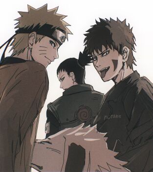 3boys akamaru_(naruto) black_hair blonde_hair brown_hair dog facial_tattoo fang flat_chest forehead_protector green_vest highres inuzuka_kiba looking_back male_focus multiple_boys nara_shikamaru naruto_(series) naruto_shippuuden notane_n signature tattoo tongue tongue_out topknot uzumaki_naruto vest