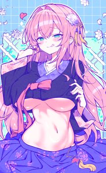 Rule 34 | 1girl, absurdres, aqua eyes, blue background, blush, bow, breasts, closed mouth, collarbone, commentary request, ear piercing, fingernails, floral print, floral print skirt, flower, goddess of victory: nikke, grabbing own breast, grid background, hair flower, hair intakes, hair ornament, hanbok, highres, huge breasts, korean clothes, korean commentary, long hair, long sleeves, mechafrshrimp, mole, mole under eye, nail polish, navel, piercing, pink bow, pink hair, pink nails, print skirt, purple shirt, purple skirt, shirt, skirt, smile, solo, stomach, tassel, tassel hair ornament, tongue, tongue out, underboob, velvet (nikke), white flower