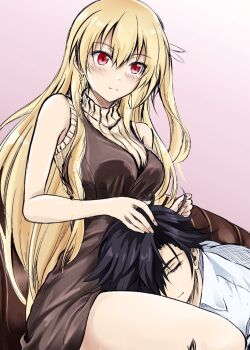 1boy 1girl alisa_reinford black_hair blonde_hair blush breasts commentary_request couple curtained_hair eiyuu_densetsu feathers hair_ornament highres kagura_yuuto lap_pillow light_smile long_hair rean_schwarzer red_eyes sen_no_kiseki sen_no_kiseki_(series) sen_no_kiseki_i sen_no_kiseki_ii simple_background two_side_up white_feathers