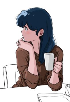 1girl blue_hair brown_shirt chair coffee highres holding maison_ikkoku non-web_source otonashi_kyouko poppowerhearts remembering retro_artstyle shirt sitting solo