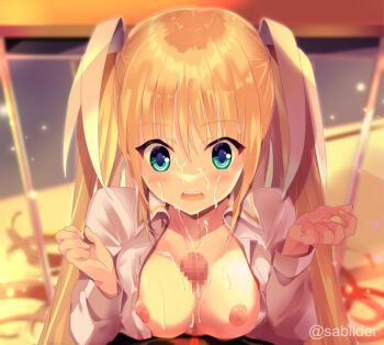 1boy 1girl aqua_eyes blonde_hair blurry blurry_background blush breasts censored classroom cleavage commentary_request commission cum cum_on_body cum_on_breasts cum_on_upper_body downturned_eyes dress_shirt dusk eyes_visible_through_hair facial fang hair_between_eyes hair_ribbon hands_up hetero indoors large_breasts light_particles little_busters! long_hair long_sleeves looking_down mosaic_censoring nipples open_clothes open_mouth open_shirt paizuri penis ribbon sabi_(sabilder) shirt sidelighting skeb_commission solo_focus straight_hair teeth tokido_saya twitter_username two_side_up upper_body upper_teeth_only variant_set very_long_hair white_ribbon white_shirt