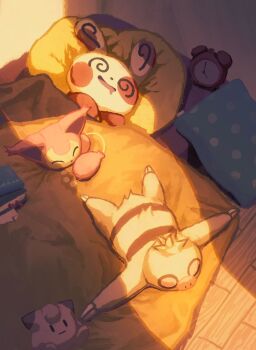@_@ aruco_co book book_stack cat character_doll clefairy clock closed_eyes doll gen_1_pokemon gen_3_pokemon highres indoors lying nintendo on_back on_bed open_mouth pillow pokemon pokemon_(creature) skitty slakoth sleeping spinda tail