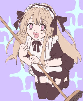 1girl alternate_costume aota_7277 broom chaos_marie_(grimms_notes) flat_color grimms_notes highres holding holding_broom looking_at_viewer maid pink_eyes solo