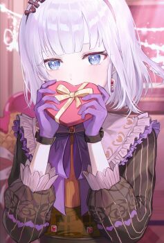 1girl bib_collar blue_eyes blurry blurry_background bob_cut bow box brown_bow candle_no_kaori_wa_omoide_to_tomo_ni_(project_sekai) commentary covered_mouth covering_own_mouth cropped_torso earrings floating_hair frilled_shirt_collar frills gem gloves hairband hand_up hashtag-only_commentary heart heart-shaped_box heart_print highres holding holding_box jewelry light_blush lomo_(81159) long_sleeves looking_at_viewer official_alternate_costume official_alternate_hair_length official_alternate_hairstyle pearl_(gemstone) project_sekai puffy_long_sleeves puffy_sleeves purple_bow purple_gem purple_gloves red_gem shirt short_hair solo striped_clothes striped_shirt symbol-only_commentary upper_body vertical-striped_clothes vertical-striped_shirt white_hair yellow_bow yoisaki_kanade