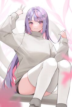 1girl alternate_costume brown_shorts colored_inner_hair grabbing_own_hair grey_shoes grey_sweater hair_ornament hairpin hikimayu holding_own_hair inward_w light_blush light_smile long_hair long_sleeves looking_at_viewer mixed-language_commentary multicolored_hair nakony pink_eyes pink_hair purple_hair shoes short_eyebrows short_shorts shorts sitting solo sweater swept_bangs thick_eyebrows thighhighs thighs tosaki_mimi turtleneck turtleneck_sweater two-tone_hair virtual_youtuber vspo! white_thighhighs