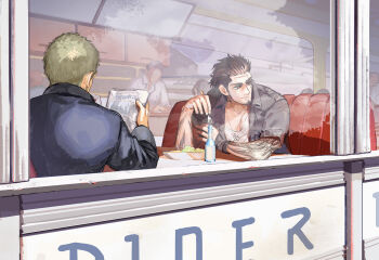 2boys bara beard bottle cor_leonis diner eating facial_hair final_fantasy final_fantasy_xv fork from_side gladiolus_amicitia hair_slicked_back holding holding_fork in_higashiyama jewelry long_sideburns male_focus mature_male medium_hair multiple_boys muscular muscular_male necklace newspaper pectoral_cleavage pectorals reading restaurant scar scar_across_eye scar_on_face short_hair sideburns sitting smile stubble undercut window