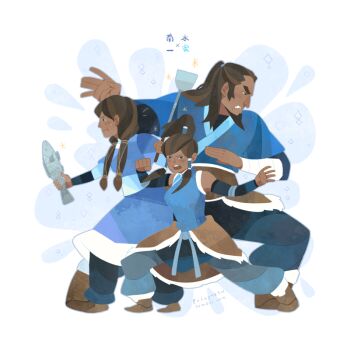 1boy 2girls avatar_legends bandaged_wrist bandages beard blue_pants blue_tunic boots braid brown_boots brown_hair chinstrap_beard clenched_hand clenched_teeth closed_mouth dark-skinned_female dark-skinned_male dark_skin father_and_daughter fish fur_trim high_ponytail husband_and_wife isist korra long_hair medium_hair mother_and_daughter multiple_girls open_mouth pants ponytail senna_(the_legend_of_korra) shouting signature teeth the_legend_of_korra tonraq_(avatar) tunic