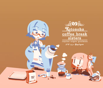 alternate_hair_length alternate_hairstyle alternate_height apron bag bag_of_cookies black_dress black_sleeves black_thighhighs blue_dress blue_hair blue_sleeves blunt_bangs brown_background closed_mouth coffee coffee_filter coffee_grinder coffee_pot commentary_request commission cookie detached_sleeves dress english_text food hair_ribbon hand_on_own_hip kotonoha_akane kotonoha_aoi long_hair looking_at_another low-tied_sidelocks my11gum open_mouth pink_hair red_eyes ribbon short_dress short_hair siblings sidelocks simple_background sisters skeb_commission sleeveless sleeveless_dress sleeves_past_fingers sleeves_past_wrists smile steam table thighhighs twitter_username voiceroid white_apron wide_sleeves |_|