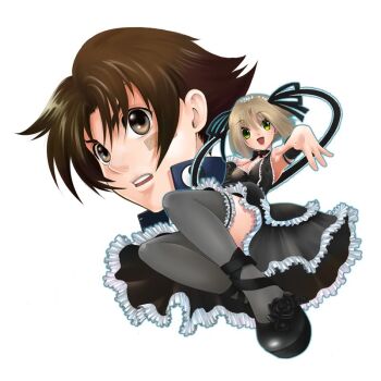 Rule 34 | 1boy, 1girl, :d, black dress, black flower, black ribbon, black rose, black shoes, blonde hair, breasts, brown eyes, brown hair, cleavage, collared jacket, commentary request, dress, flower, frilled hairband, frills, full body, gakuran, green eyes, grey thighhighs, hairband, jacket, kokorone rimi, looking at viewer, matsuena shun, medium breasts, official alternate costume, official art, open hand, open mouth, outstretched arm, parted bangs, ribbon, rose, school uniform, shijou saikyou no deshi ken'ichi, shirahama ken'ichi, shoes, short hair, simple background, sleeveless, sleeveless dress, smile, teeth, thighhighs, tsurime, upper teeth only, v-shaped eyebrows, white background