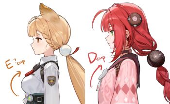 2girls ahoge alice_thymefield animal_ears black_sailor_collar blonde_hair blush braid braided_bangs braided_twintails breasts bust_chart cardigan chest_bow closed_mouth from_side green_eyes hair_ornament hearing_aid highres large_breasts long_hair long_sleeves low_twin_braids low_twintails multiple_girls pink_cardigan rabbit_ears rabbit_girl red_hair sailor_collar shirt smile smilesmile1312 sphere_hair_ornament twin_braids twintails ukinami_yuzuha very_long_hair white_shirt yellow_eyes zenless_zone_zero