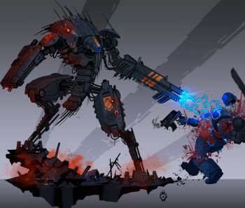 absurdres adeptus_astartes arm_cannon armor artist_logo battle battle_damage blood blue_armor blue_eyes bolter cable chainsword commentary crossover death district_9 dual_arm_cannons dust electricity electrocution embers energy_weapon english_commentary extra_eyes glowing glowing_eyes gradient_background grey_background gun highres joints logo mecha power_armor radio_antenna reverse-jointed_legs robot robot_joints rubble science_fiction shell_casing smoke smoking_barrel ultramarines warhammer_40k weapon wire wolfdawg_art