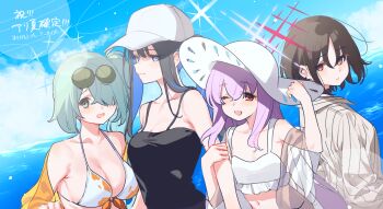 4girls arius_squad_(blue_archive) atsuko_(blue_archive) atsuko_(swimsuit)_(blue_archive) bikini black_hair blue_archive blue_eyes blue_hair blue_halo blush breasts cleavage colored_inner_hair green_eyes green_hair green_halo grey_halo hair_between_eyes hair_over_one_eye halo hat highres hiyori_(blue_archive) hiyori_(swimsuit)_(blue_archive) large_breasts long_hair long_sleeves misaki_(blue_archive) misaki_(swimsuit)_(blue_archive) multicolored_hair multiple_girls navel nozawa_noko official_alternate_costume one_eye_closed open_mouth purple_hair red_eyes red_hair red_halo round_eyewear saori_(blue_archive) saori_(swimsuit)_(blue_archive) side_ponytail small_breasts smile sunglasses swimsuit upper_body white_bikini white_headwear