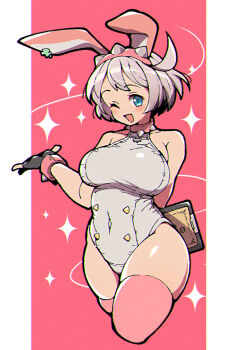 1girl ;d adapted_costume animal_ears bare_shoulders black_gloves blue_eyes blush breasts collar collarbone commentary_request cropped_legs elphelt_valentine fake_animal_ears fingerless_gloves gloves grey_hair grey_leotard guilty_gear guilty_gear_strive highres itsuka_neru large_breasts leotard looking_at_viewer one_eye_closed open_mouth pink_background pink_collar pink_thighhighs rabbit_ears smile solo sparkle spiked_collar spikes thighhighs two-tone_background white_background