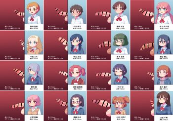 6+futa absurdres bar_censor blonde_hair blue_eyes braid breasts brown_eyes censored chart closed_eyes comparison erection foreskin futanari glasses green_eyes green_hair highres jacket large_penis medium_breasts medium_penis multiple_futa orange_hair penis penis_chart penis_comparison penis_size_comparison phimosis pink_hair possess_k purple_hair red_hair ribbon school_uniform shirt small_breasts small_penis testicles twin_braids twintails vest