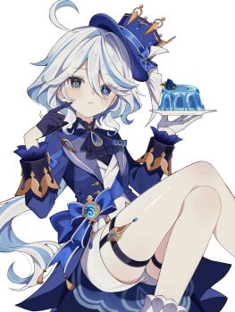Rule 34 | :<, ahoge, ascot, asymmetrical gloves, blue ascot, blue bow, blue gem, blue hair, blue hat, blue jacket, blue pupils, bow, brooch, cherry, cowlick, crossed legs, dessert, drop-shaped pupils, feet out of frame, food, fruit, furina (genshin impact), gem, genshin impact, gloves, hat, heterochromia, highres, hydro symbol (genshin impact), jacket, jewelry, long hair, mismatched gloves, mismatched pupils, multicolored hair, ouji fashion, pudding, short hair, shorts, simple background, streaked hair, symbol-shaped pupils, thigh strap, top hat, waist bow, white background, white hair, white shorts, woolly (ll 0o0)