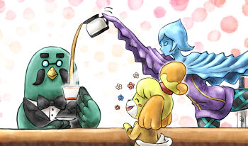 1boy 2girls ^_^ animal_crossing animal_ears animal_nose aqua_fur arm_up beak bench bird_boy black-framed_eyewear black_bow black_bowtie black_vest blank_eyes blonde_hair blue_eyes blue_flower blue_hair blue_skin blush_stickers body_fur bow bowtie brewster_(animal_crossing) brown_jacket buck_teeth closed_eyes closed_mouth coffee coffee_pot collared_shirt colored_skin covered_collarbone crossover cup dog_ears dog_girl dog_tail dress facial_hair facing_viewer fi_(zelda) flat_chest flower from_behind furry furry_female furry_male glasses hair_tie hands_up happy holding holding_cup holding_saucer isabelle_(animal_crossing) jacket kicdon leg_up long_sleeves master_sword matching_hair/eyes multicolored_hair multiple_girls mustache nintendo opaque_glasses open_mouth orange_hair outstretched_arm pantyhose pince-nez pouring purple_dress red_flower round_eyewear saucer shirt short_dress short_hair sidelocks sitting smile sparkle spread_legs standing standing_on_one_leg steam straight-on tail teacup teeth the_legend_of_zelda the_legend_of_zelda:_skyward_sword topknot two-tone_fur two-tone_hair upper_body vest white_flower white_fur white_shirt wings yellow_fur