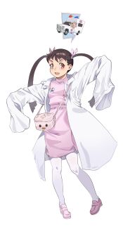 Rule 34 | 1girl, absurdres, alternate costume, ambulance, arms at sides, bag, black hair, brown eyes, commentary, cross, dress, fang, firstdayiyui, full body, hachikuji mayoi, hair ribbon, highres, lab coat, long hair, looking at viewer, monogatari (series), nurse, open mouth, pantyhose, pink dress, pink ribbon, pink shoes, ribbon, shoes, shoulder bag, simple background, skin fang, solo, speech bubble, symbol-only commentary, thought bubble, twintails, very long sleeves, white background, white pantyhose