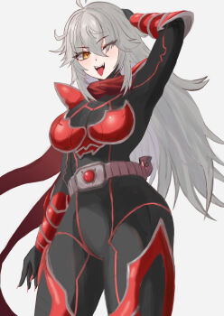 1girl absurdres armor black_bodysuit bodysuit breasts cleavage commentary grey_hair highres indie_virtual_youtuber large_breasts long_hair looking_at_viewer meibin one_eye_closed open_mouth red_armor red_scarf scarf solo tongue tongue_out virtual_youtuber white_background yellow_eyes zentreya zentreya_(cyborg) zentreya_(cyborg)_(zenrider)